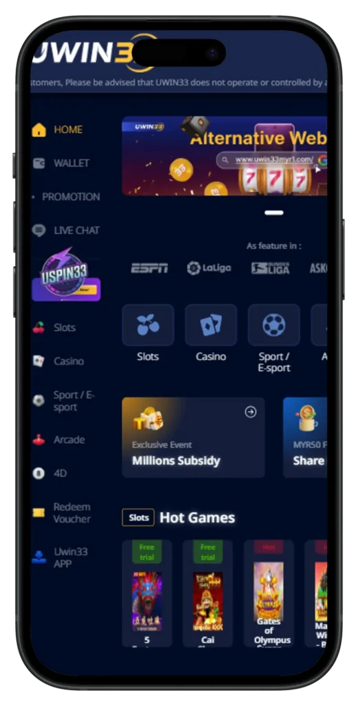 UWIN33 Mobile View Homepage
