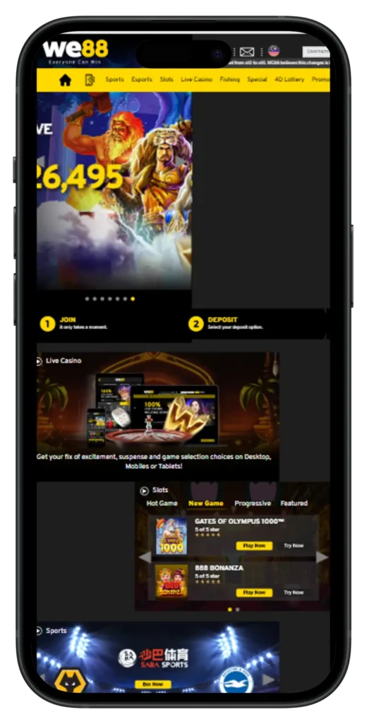 WE88 Mobile View Homepage